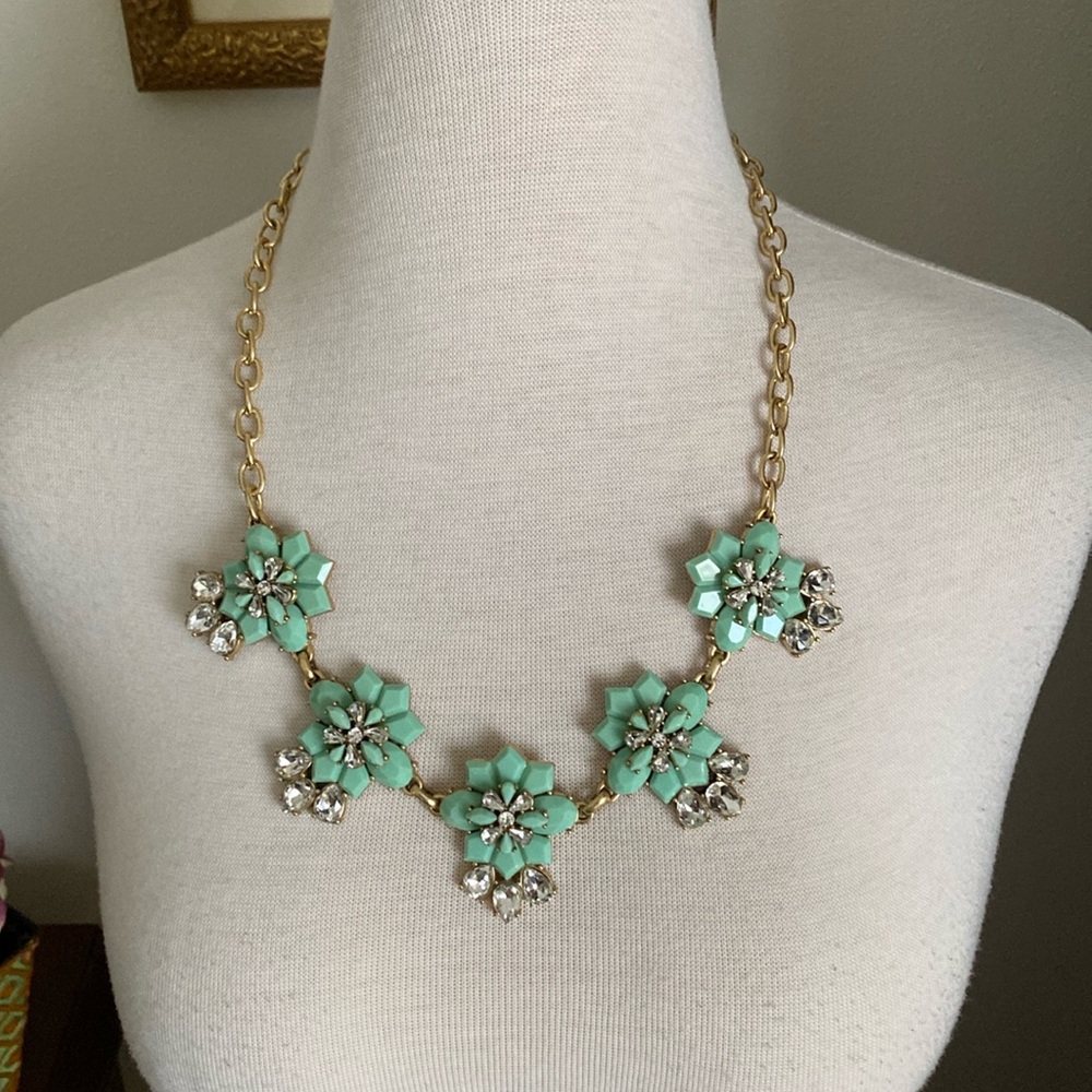 NWT J. Crew gold, light green and rhinestone necklace